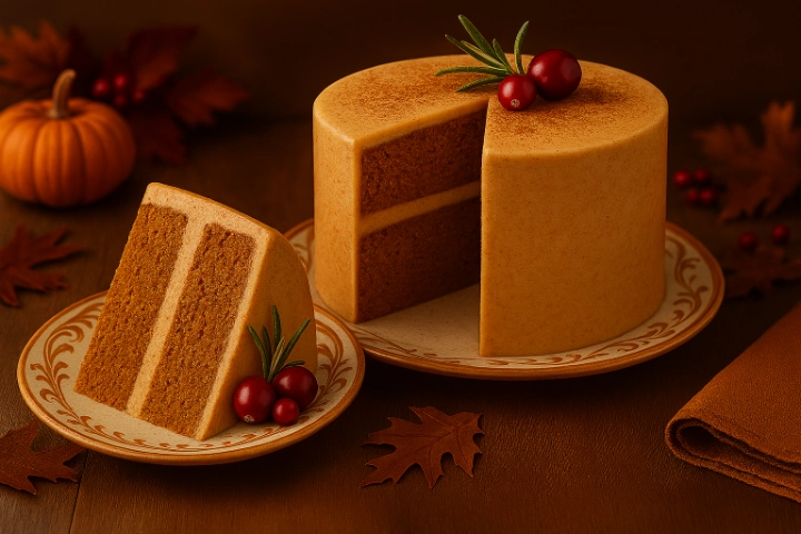 A Two-Layer Pumpkin Spice Cake with Carmel Crème Cheese Frosting